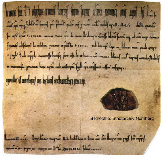Fahre mit der Maus ber die Urkunde und finde die Namen Sigena, Richolf und Nrnberg!